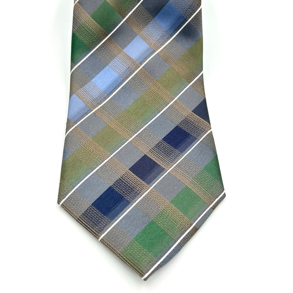 Kenneth Cole Reaction 100% Silk Men's Neck Tie Blue Green Plaid 3.25W 58L